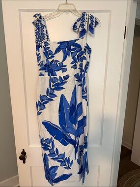 Calypso St. Barth Blue and White Floral Tie-Shoulder Midi Dress - Medium